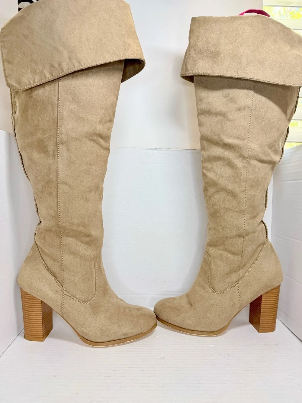 Boho Style Women's Over-the-Knee Fold-Top Suede Boots in Beige Size 8